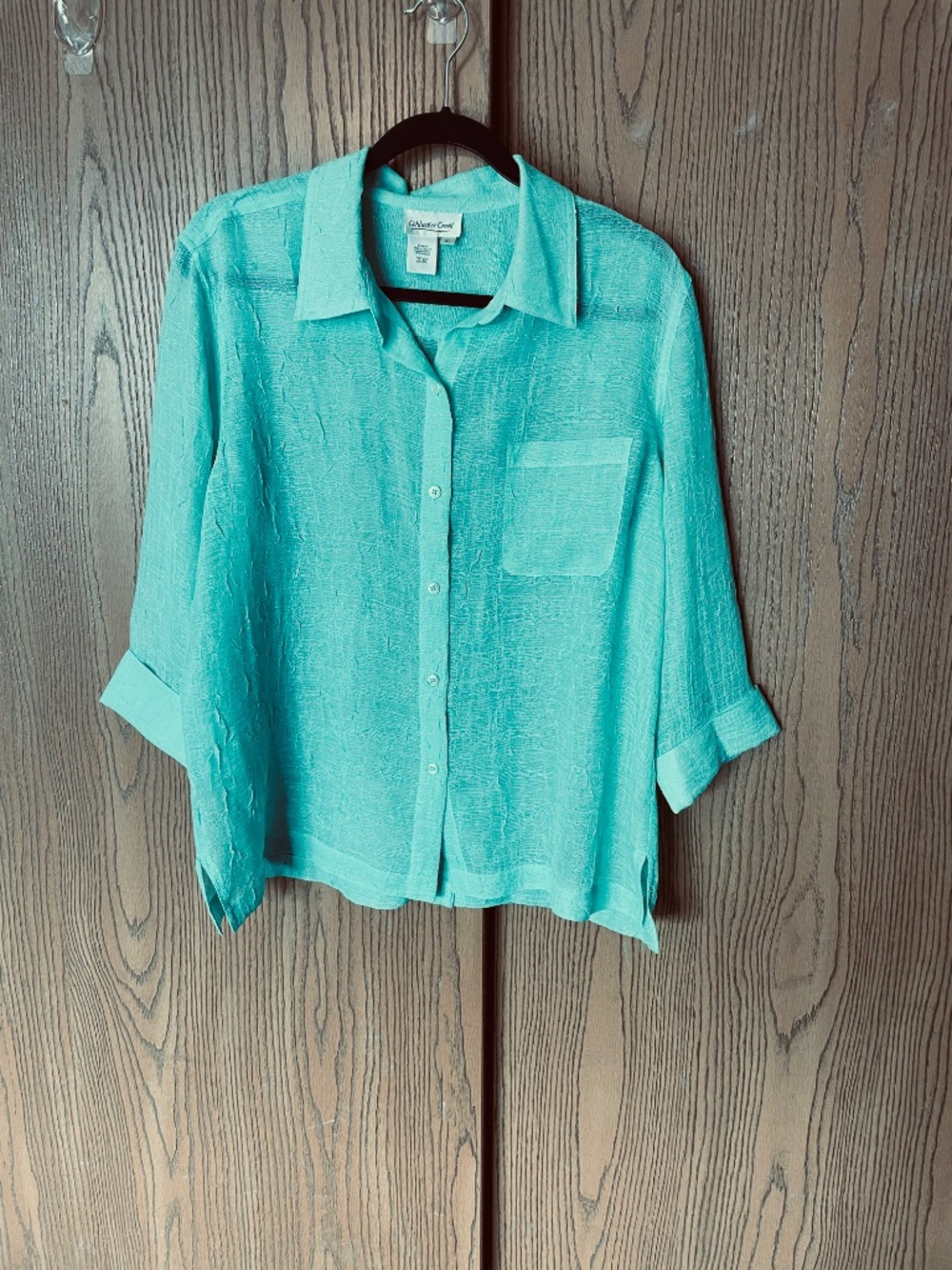 COLDWATER CREEK SEMI-SHEER XL BUTTON FRONT TOP SHIRT 3/4 SLEEVES TEAL - Picture 7 of 8